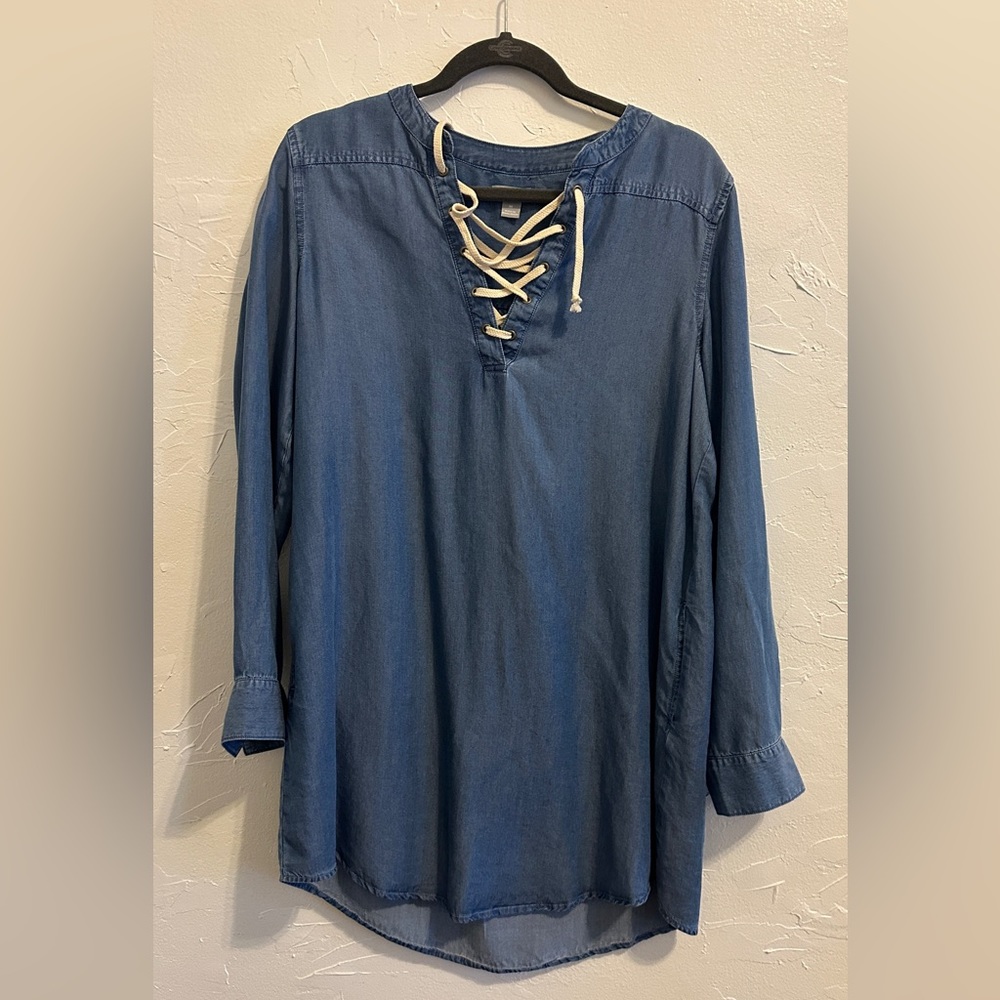 Nearly New Falls Creek Blue Lace-Up Blouse Size M